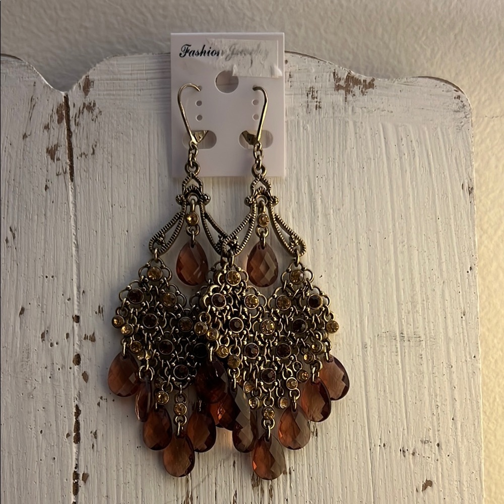 Ornate Gold and Brown Filigree Chandelier Earrings